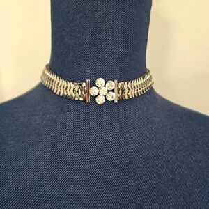 Glam Silver with Rhinstone Flower Choker Necklace with Earrings Set